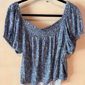 Lucky Brand Blue Floral Smocked Blouse